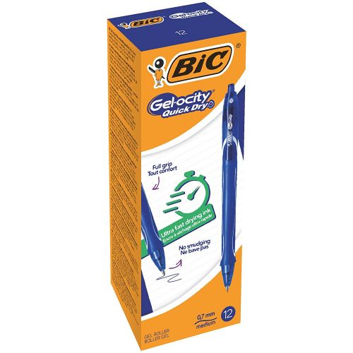Rollerball Pens Bic Gel-ocity Quick Dry Gel Retractable Rollerball Pen 0.7mm Tip 0.3mm Line Blue (Pack 12)