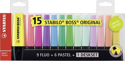 Highlighters STABILO BOSS ORIGINAL Highlighter Deskset Chisel Tip Assorted Colours (Pack 15) 7015-01-5