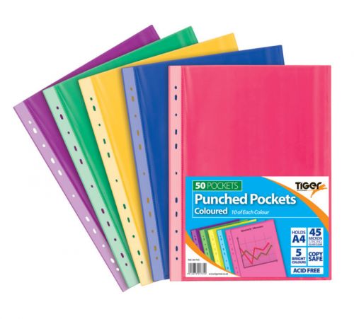 Plastic Pockets Tiger Multi Punched Pocket Polypropylene A4 45 Micron Top Opening Coloured (Pack 50)