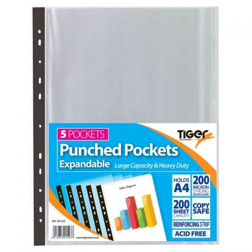 Tiger Multi Punched Expandable Pocket Polypropylene A4 150 Micron Top Opening Clear (Pack 5)