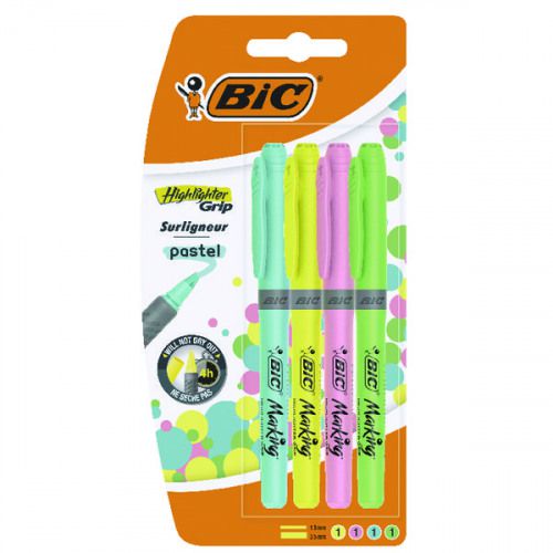 Bic+Grip+Highlighter+Pen+Chisel+Tip+1.5-3.3mm+Line+Assorted+Pastel+Colours+%28Pack+4%29+-+964859