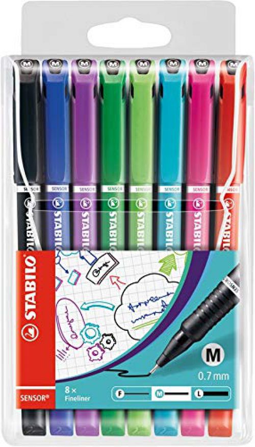Fineliner Pens STABILO SENSOR medium Pen 0.8mm Line Assorted Colours (Wallet 8)