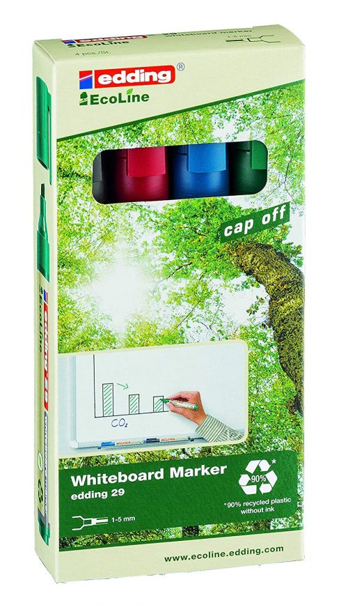 Drywipe Markers edding 29 EcoLine Whiteboard Marker Chisel Tip 1-5mm Line Assorted Colours (Pack 4)