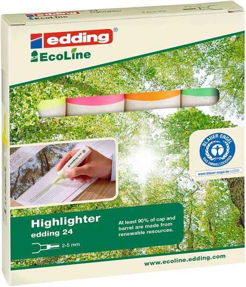 Highlighters edding 24 EcoLine Highlighter Pen Chisel Tip 2-5mm Line Assorted Colours (Pack 4)