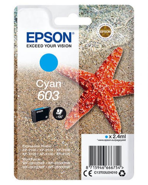 Epson 603 Starfish Cyan Standard Capacity Ink Cartridge 2.4ml - C13T03U24010