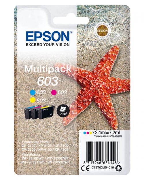 Epson+603+Starfish+Cyan+Magenta+Yellow+Standard+Capacity+Ink+Cartridge+Multipack+3+x+2.4ml+%28Pack+3%29+-+C13T03U54010