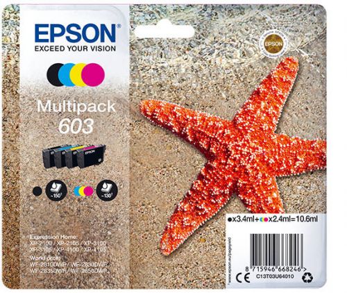 Epson 603 Starfish Black Cyan Magenta Yellow Standard Capacity Ink Cartridge 1 x 3.4ml + 3 x 2.4ml Multipack - C13T03U64010