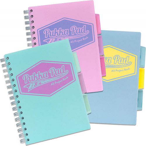 Spiral Note Books Pukka Pad A5 Wirebound Polypropylene Cover Project Book Ruled 200 Pages Pastel Blue/Pink/Mint (Pack 3)
