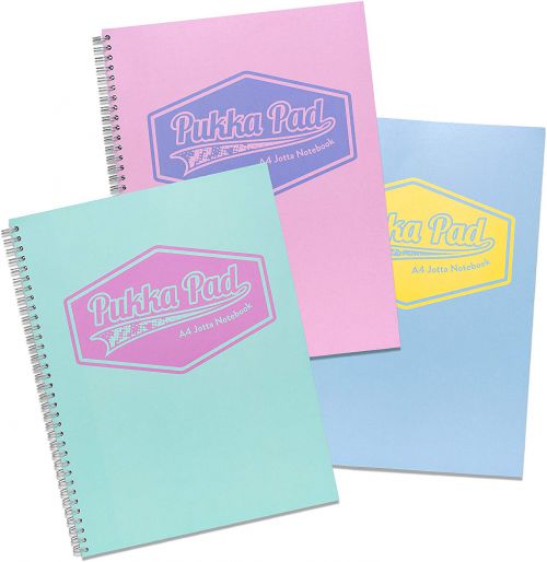 Spiral Note Books Pukka Pad Jotta A4 Wirebound Card Cover Notebook Ruled 200 Pages Pastel Blue/Pink/Mint (Pack 3)