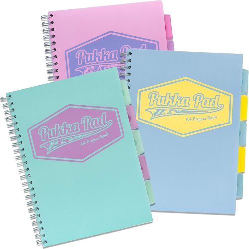Spiral Note Books Pukka Pad A4 Wirebound Polypropylene Cover Project Book 200 Pages Pastel Blue/Pink/Mint (Pack 3)