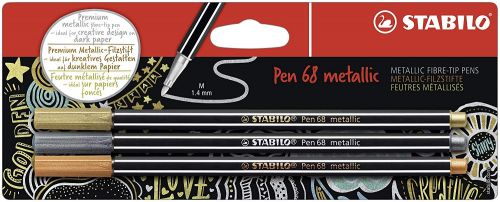 STABILO Pen 68 Metallic Fibre Tip Pen 1.4mm Line Gold/​Silver/​Copper (Pack 3) - B-53046-10