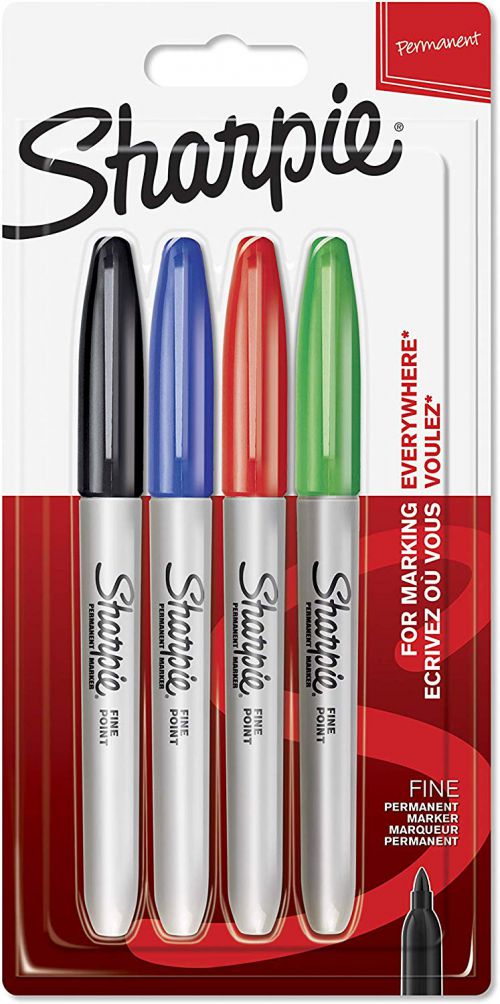 Permanent Markers Sharpie Permanent Marker Fine Tip 0.9mm Line Assorted Standard Colours (Pack 4)