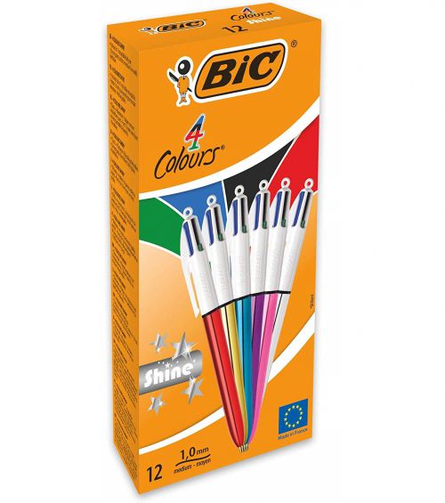 BIC 4 Colours Shine Ballpoint Pen 1.0mm Tip 0.32mm Line Assorted Colour Barrels Black/Blue/Green/Red Ink (Pack 12)