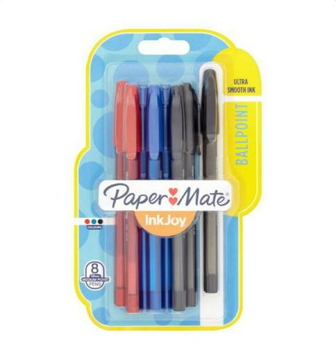 Ball Point Pens Paper Mate InkJoy 100 Ballpoint Pen 1.0mm Tip 0.7mm Line Black/Blue/Red (Pack 8)