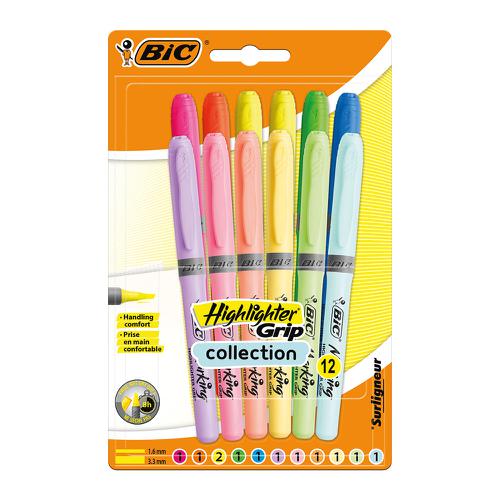 Highlighters Bic Grip Highlighter Pen Chisel Tip 1.6-3.3mm Line Assorted Pastel Colours (Pack 12)