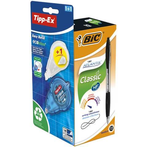 Bic+Atlantis+Retractable+Ballpoint+Pen+1mm+Tip+0.32mm+Line+Black+with+1+x+Free+Tipp-Ex+Ecolutions+Easy+Refill+Correction+Tape+%28Pack+12%29+-+989679