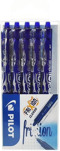 Pilot FriXion Clicker Erasable Retractable Gel Rollerball Pen 0.7mm Tip 0.35mm Line Blue (Pack 5)