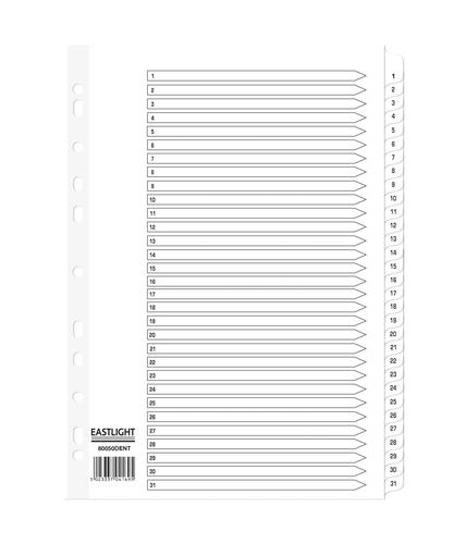 ValueX Index 1-31 A4 Card White with White Mylar Tabs