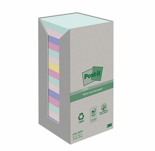 Post it Recycled Notes 76x76mm Assorted Colours 100 Sheets Per Pad Pack of 16 7100259226