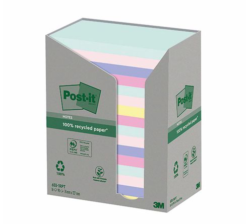 Recycled Post it Recycled Notes 76x127mm Assorted Colours 100 Sheets Per Pad Pack of 16 7100259665