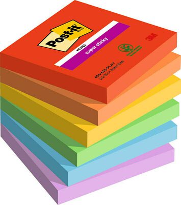 Super Sticky Post it Super Sticky Notes Playful Colours 76x76mm 90 Sheets (Pack of 6) 7100258795