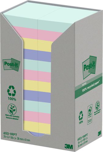 Recycled Post it Recycled Notes Assorted Colours 38x51mm 100 Sheets (Pack of 24) 7100259447