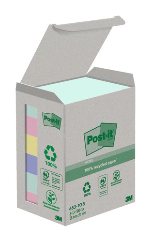 Recycled Post it Recycled Notes Assorted Colours 38x51mm 100 Sheets (Pack of 6) 7100259445