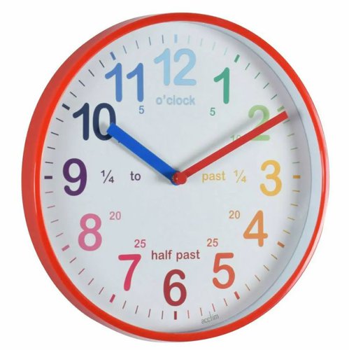 Acctim Wickford Time Teaching Wall Clock With Multi-coloured Numbers and Red Edging - 22524 Acctim Wickford Time Teaching Wall Clock With Multi-coloured Numbers and Red Edging - 22524