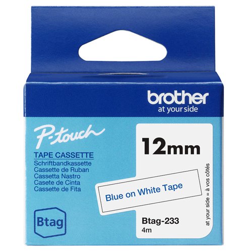 Brother 12mm Blue on White Tape - BTAG233 Brother 12mm Blue on White Tape - BTAG233