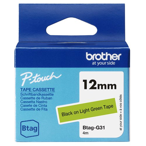 Brother 12mm Black on Light Green Labelling Tape -BTAGG31 Brother 12mm Black on Light Green Labelling Tape -BTAGG31