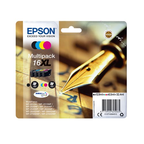 Epson 16XL Pen and Crossword Black Cyan Magenta Yellow High Yield Ink Cartridge Multipack 12.9ml Black + 3 x 6.5ml (Pack 4) - C13T16364022 Epson 16XL Pen and Crossword Black Cyan Magenta Yellow High Yield Ink Cartridge Multipack 12.9ml Black + 3 x 6.5ml (Pack 4) - C13T16364022