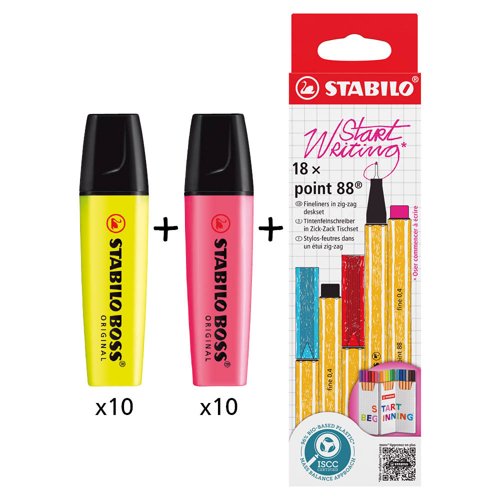 BOSS ORIGINAL Highlighter Yellow (Pack 10)+Pink (Pack 10) + POINT 88 Fineliner Zigzag Card Assorted Colours (Pack 18) - 70/24/10+70/56+8818/5 BOSS ORIGINAL Highlighter Yellow (Pack 10)+Pink (Pack 10) + POINT 88 Fineliner Zigzag Card Assorted Colours (Pack 18) - 70/24/10+70/56+8818/5