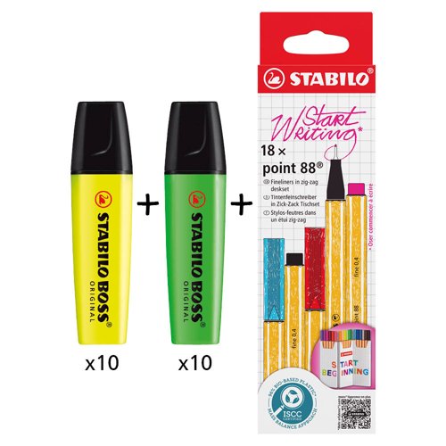 BOSS ORIGINAL Highlighter Yellow (Pack 10)+Green (Pack 10) + POINT 88 Fineliner Zigzag Card Assorted Colours (Pack 18) - 70/24/10+70/33+8818/5 BOSS ORIGINAL Highlighter Yellow (Pack 10)+Green (Pack 10) + POINT 88 Fineliner Zigzag Card Assorted Colours (Pack 18) - 70/24/10+70/33+8818/5