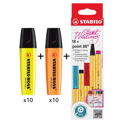 BOSS ORIGINAL Highlighter Yellow (Pack 10)+Orange(Pack 10) + POINT 88 Fineliner Zigzag Card Assorted Colours (Pack 18) - 70/24/10+70/56+8818/5 BOSS ORIGINAL Highlighter Yellow (Pack 10)+Orange(Pack 10) + POINT 88 Fineliner Zigzag Card Assorted Colours (Pack 18) - 70/24/10+70/56+8818/5