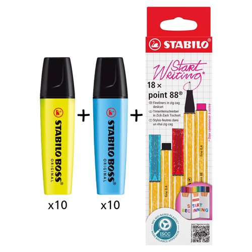 BOSS ORIGINAL Highlighter Yellow (Pack 10)+ Blue (Pack 10) + POINT 88 Fineliner Zigzag Card Assorted Colours (Pack 18) - 70/24/10+70/31+8818/5 BOSS ORIGINAL Highlighter Yellow (Pack 10)+ Blue (Pack 10) + POINT 88 Fineliner Zigzag Card Assorted Colours (Pack 18) - 70/24/10+70/31+8818/5