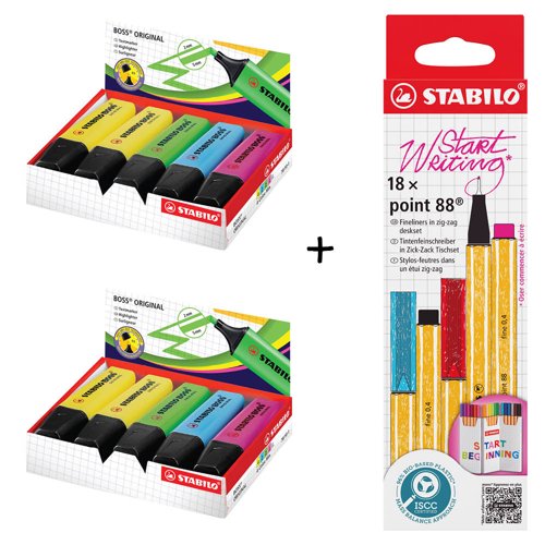BOSS ORIGINAL Highlighter Assorted Colours (Pack 10)x 2 + POINT 88 Fineliner Zigzag Card Assorted Colours (Pack 18) - 70/10-1x2+8818/5 BOSS ORIGINAL Highlighter Assorted Colours (Pack 10)x 2 + POINT 88 Fineliner Zigzag Card Assorted Colours (Pack 18) - 70/10-1x2+8818/5