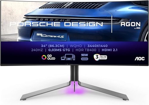 AOC Porsche PD34 34 Inch 3440 x 1440 Pixels Wide Quad HD QD-OLED HDMI DisplayPort USB-C Curved Gaming Monitor AOC Porsche PD34 34 Inch 3440 x 1440 Pixels Wide Quad HD QD-OLED HDMI DisplayPort USB-C Curved Gaming Monitor