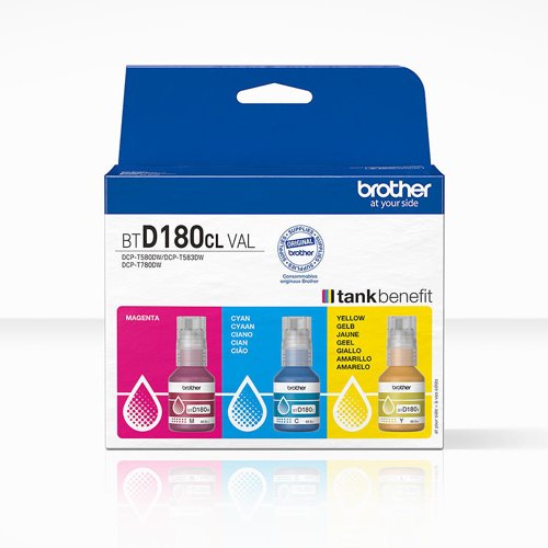 Brother Cyan Magenta Yellow Ink Cartridge Colourpack 5K Pages Each - BTD180CLVAL Brother Cyan Magenta Yellow Ink Cartridge Colourpack 5K Pages Each - BTD180CLVAL