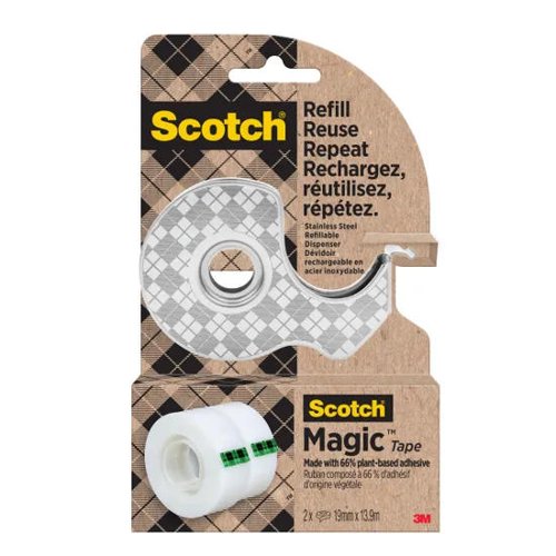 Scotch Stainless Steel Tape Dispenser With 2 Rolls of Scotch Magic Tape 19mm x 13.9m Made With 66% Plant Based Adhesive - 7100334048 Scotch Stainless Steel Tape Dispenser With 2 Rolls of Scotch Magic Tape 19mm x 13.9m Made With 66% Plant Based Adhesive - 7100334048