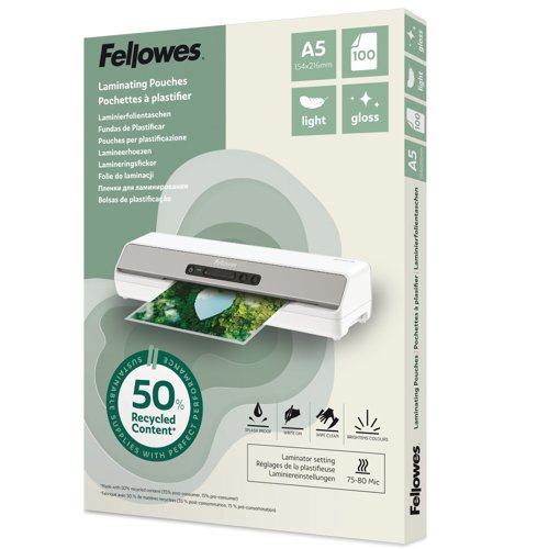 Fellowes Recycled Laminating Pouch A5 2x80 Micron Gloss (Pack 100) - 100143440 Fellowes Recycled Laminating Pouch A5 2x80 Micron Gloss (Pack 100) - 100143440