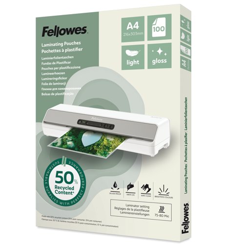 Fellowes Recycled Laminating Pouch A4 2x80 Micron Gloss (Pack 100) - 100142987 Fellowes Recycled Laminating Pouch A4 2x80 Micron Gloss (Pack 100) - 100142987