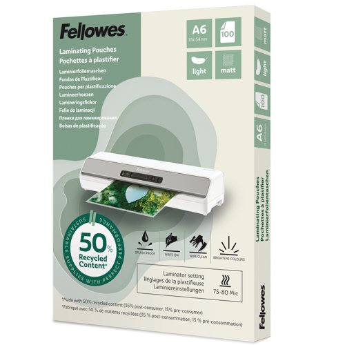 Fellowes Recycled Laminating Pouch A6 2x80 Micron Matt (Pack 100) - 100143438 Fellowes Recycled Laminating Pouch A6 2x80 Micron Matt (Pack 100) - 100143438