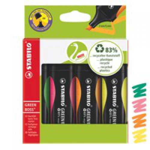 STABILO+GREEN+BOSS+Highlighter+Pen+Chisel+tip+2-5mm+Line+Assorted+Colours+%28Pack+4%29+6070%2F4