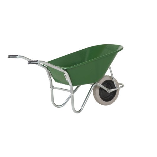 OLYMPUS WHEELBARROW - Galvanised Frame, Green Plastic Pan, Grey Puncture Proof Wheel with Black Centre OLYMPUS WHEELBARROW - Galvanised Frame, Green Plastic Pan, Grey Puncture Proof Wheel with Black Centre