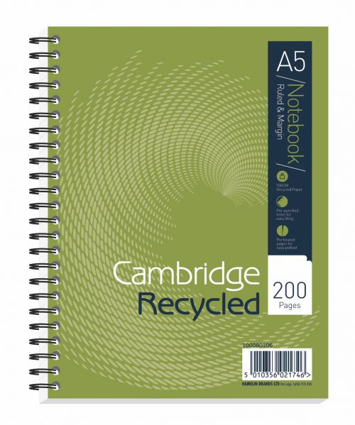 Cambridge Recycled Nbk Wirebound 70gsm Ruled Margin Perf Punched 2 Holes 200pp A5+ Ref 100080106 [Pack 3]