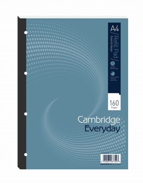 Cambridge Everyday Refill Pad Sbd 70gsm Ruled Margin Punched 4 Holes 160pp A4 Blue Ref 100080234 [Pack 5]