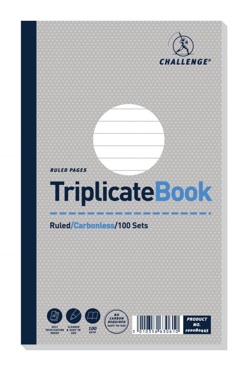 Challenge+Triplicate+Book+Carbonless+Ruled+100+Sets+210x130mm+Ref+100080445+%5BPack+5%5D