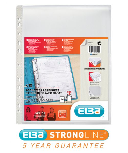 Plastic Pockets Elba Expandable Punched Pocket A4 With Flap Embossed Polypropylene 180mu Clear (Pack 10) 100080754