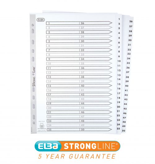 Elba Index 1-50 Multipunched Mylar-reinforced Tabs 170gsm A4 White Ref 100080813