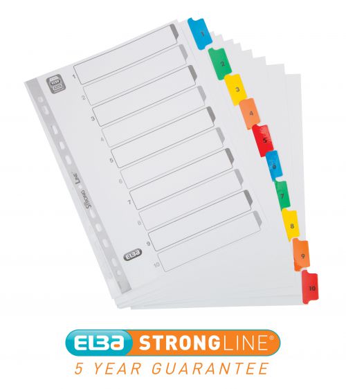 Elba Strongline A4 1-10 Part Mylar Indices White Card with Multicoloured Plastic Coated Tabs